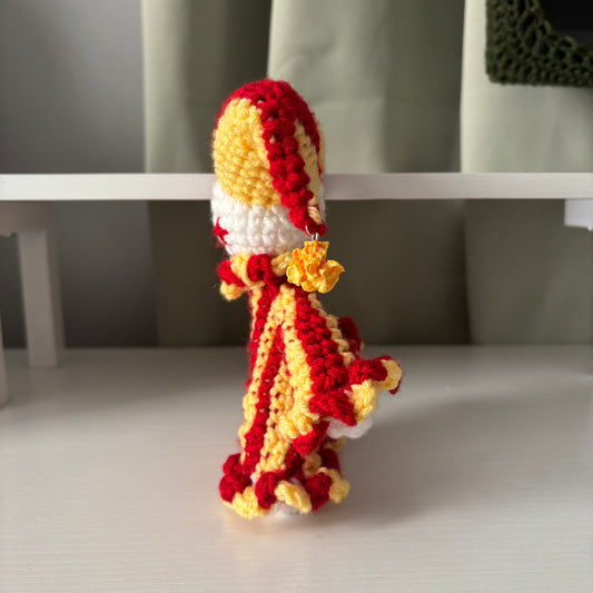 Handmade Crochet Jester Plushie – Whimsical Amigurumi Jules the Jester in Red and Yellow