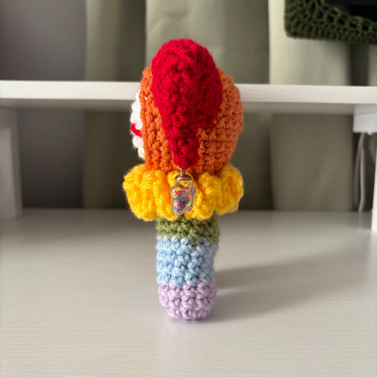 Handmade Crochet Jester Plushie – Whimsical Amigurumi Clown Doll in Rainbow with Star Charms