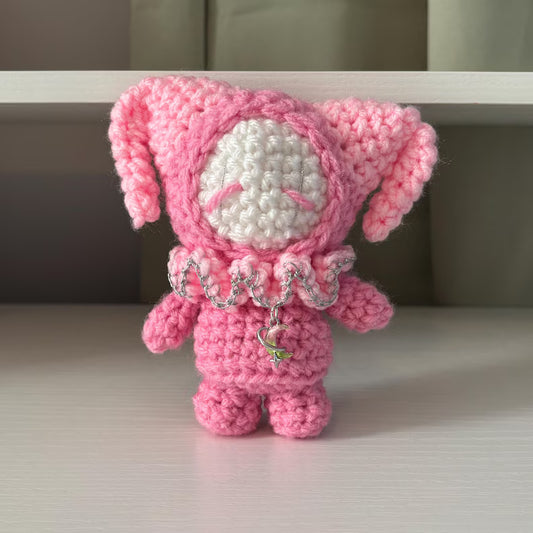 Handmade Crochet Stumpy Jester Plushie – Whimsical Amigurumi Clown Doll in Pink Moon