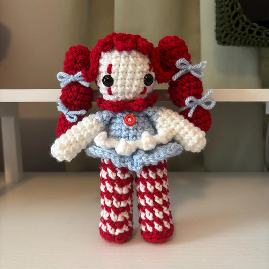 Handmade Crochet Clown Girl Plushie – Whimsical Amigurumi Clown Doll inspired by Wendy’s