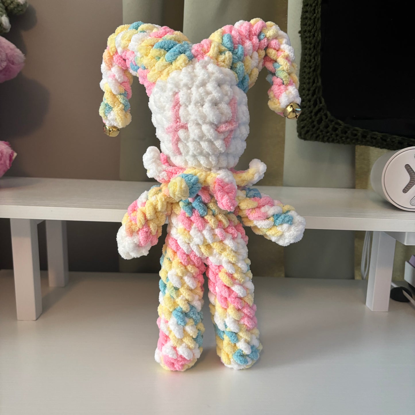 Handmade Crochet Mini Jester Plushie – Amigurumi Clown Doll in Pastel