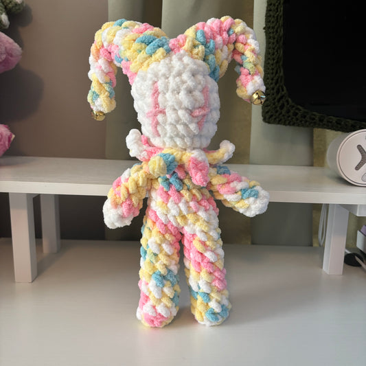 Handmade Crochet Mini Jester Plushie – Amigurumi Clown Doll in Pastel