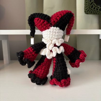 Handmade Crochet Jester Plushie – Whimsical Amigurumi Jules the Jester in Black and Red