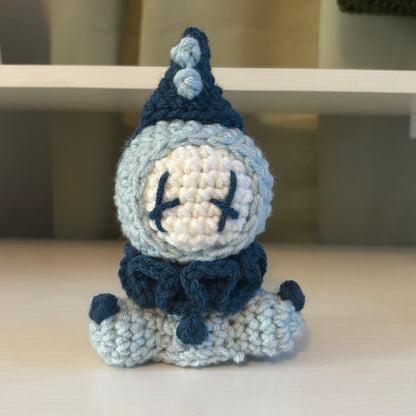 Handmade Crochet Sitting Pierrot Plushie – Whimsical Amigurumi in Blues
