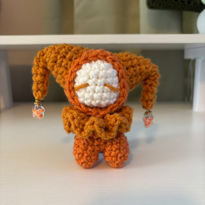 Handmade Mini Crochet Jester Plushie – Whimsical Amigurumi Clown Doll in Orange