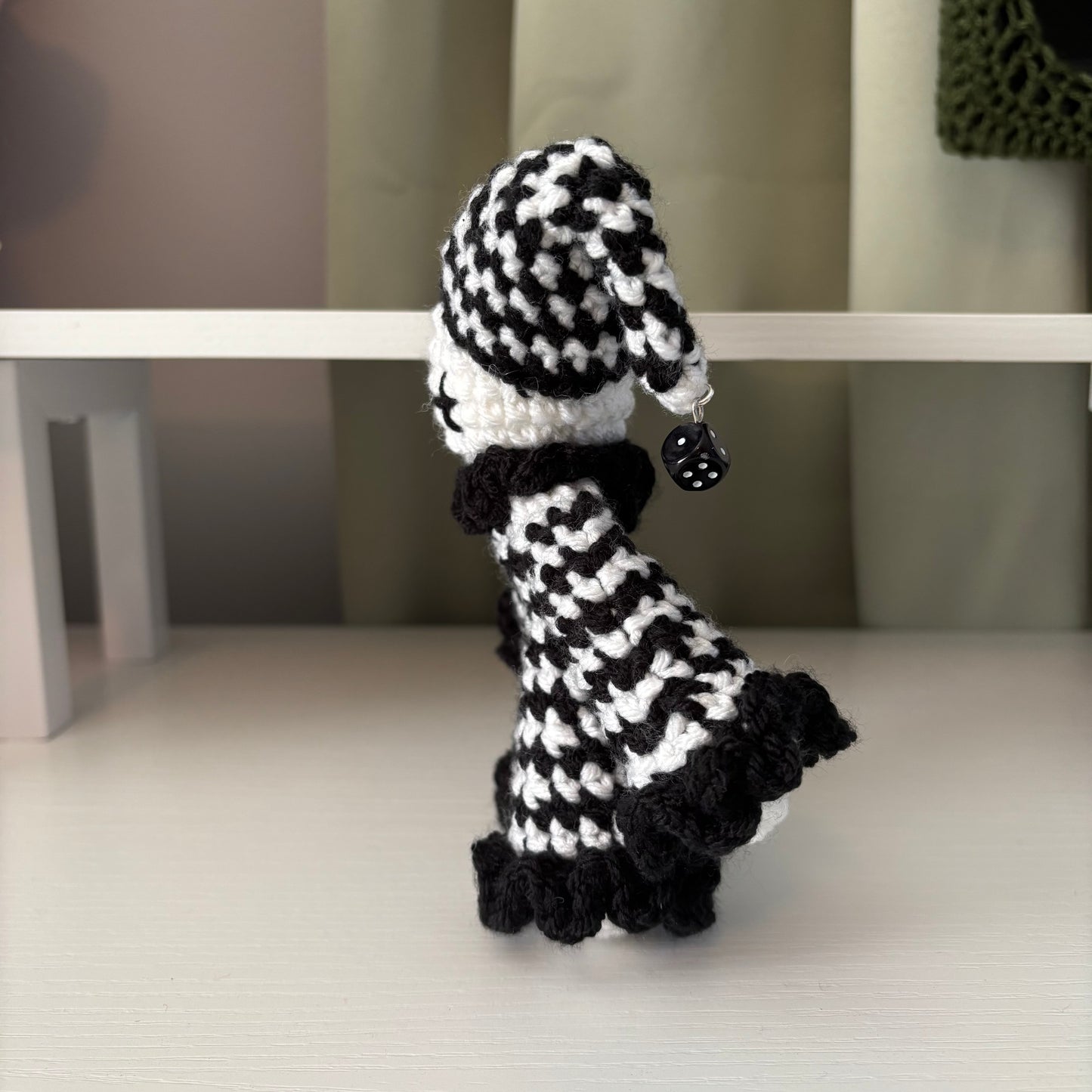 Handmade Crochet Jester Plushie – Whimsical Amigurumi Jules the Jester in Black and White