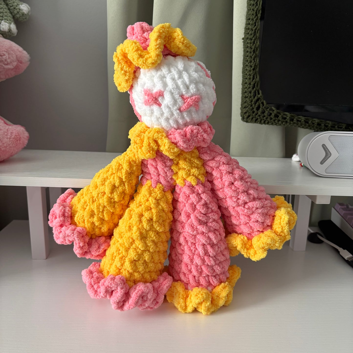 Handmade Crochet Jumbo Clown Plushie – Whimsical Amigurumi Clover the Clown in Pink and Yellow