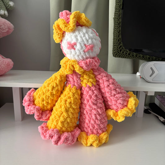 Handmade Crochet Jumbo Clown Plushie – Whimsical Amigurumi Clover the Clown in Pink and Yellow