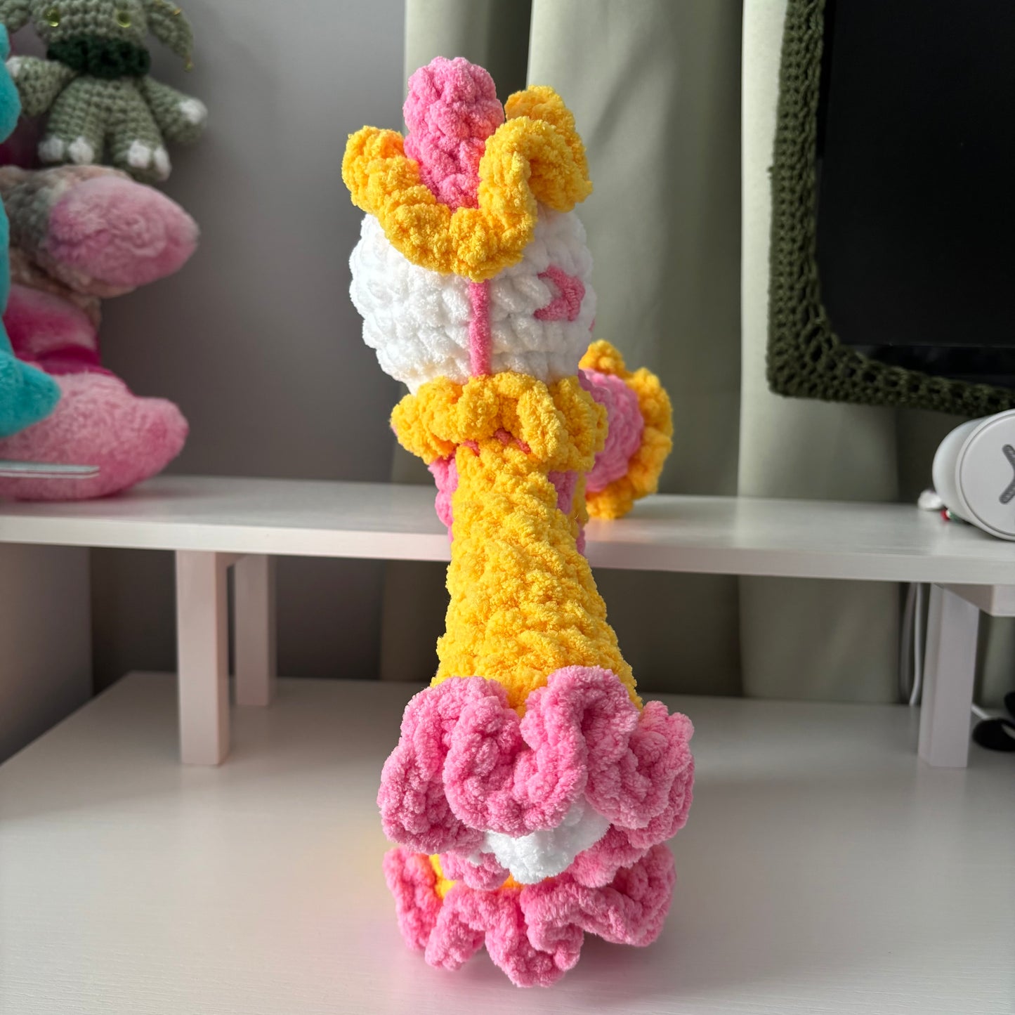 Handmade Crochet Jumbo Clown Plushie – Whimsical Amigurumi Clover the Clown in Pink and Yellow