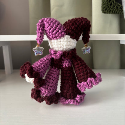 Handmade Crochet Jester Plushie – Whimsical Amigurumi Jules the Jester in Magenta