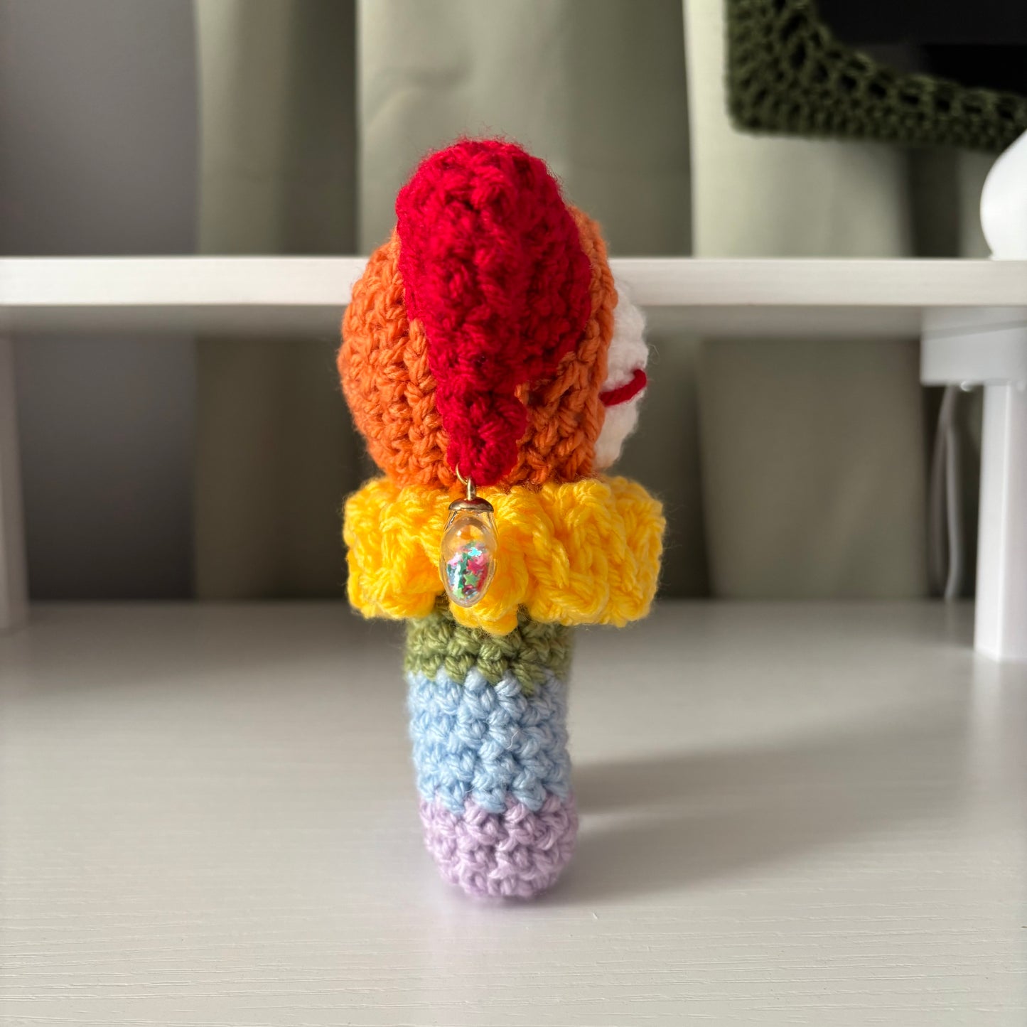 Handmade Crochet Jester Plushie – Whimsical Amigurumi Clown Doll in Rainbow with Star Charms