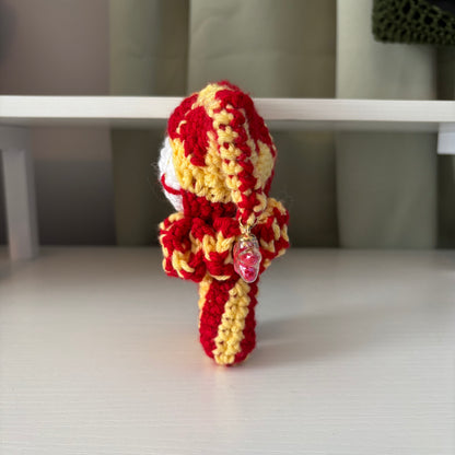 Handmade Crochet Jester Plushie – Whimsical Amigurumi Clown Doll in Red and Yellow with Star Charms