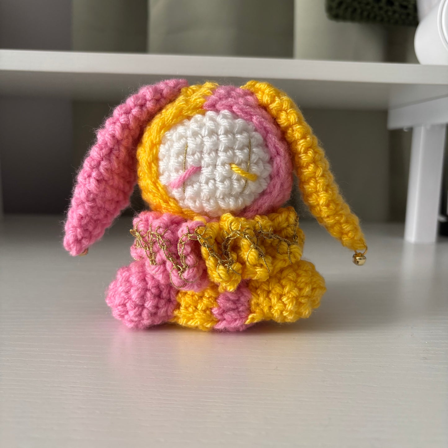 Handmade Crochet Jester Bunny Plushie – Amigurumi Clown Doll in Pink and Yellow