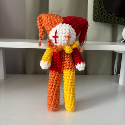Handmade Crochet Tall Jester Plushie – Amigurumi Clown Doll in White and Red, Orange, and Yellow