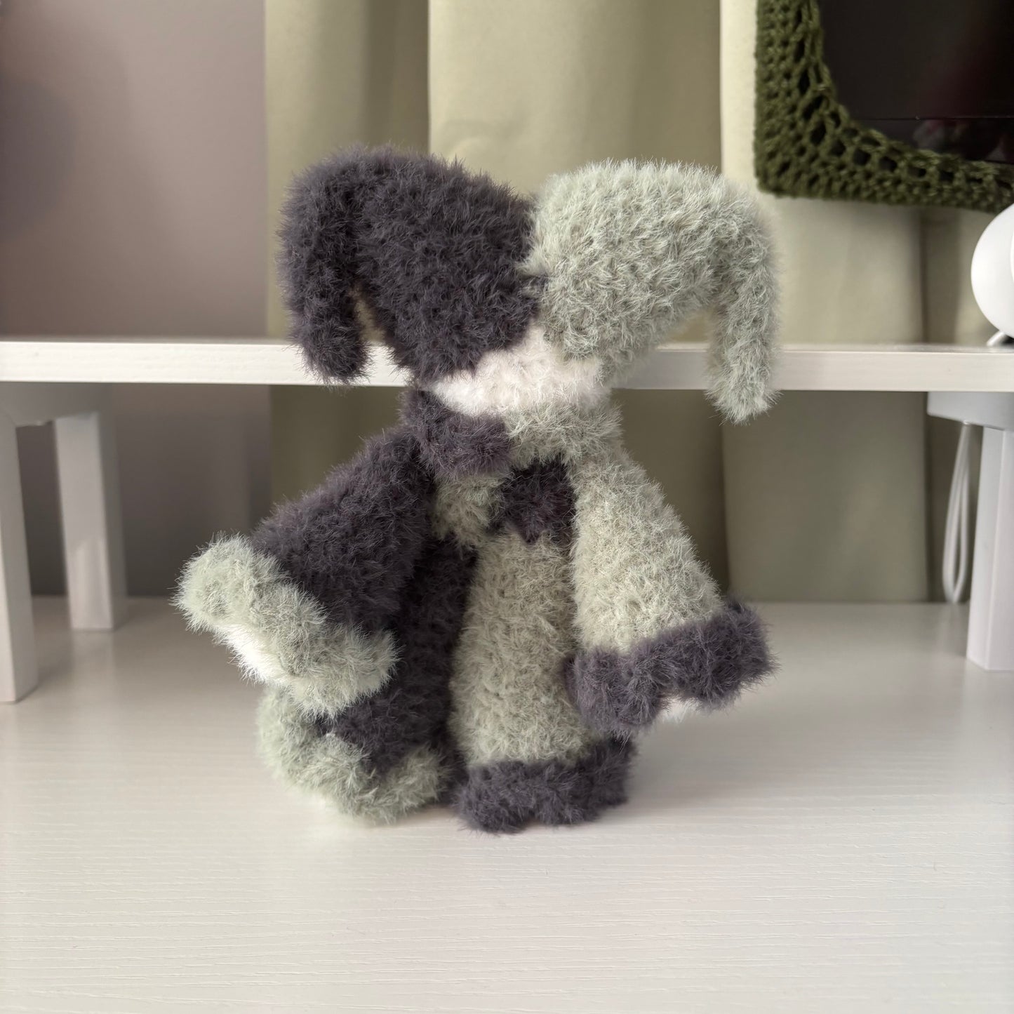 Handmade Crochet Fluffy Jester Plushie – Whimsical Amigurumi Jules the Jester in Black and Green