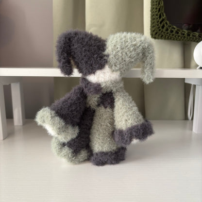 Handmade Crochet Fluffy Jester Plushie – Whimsical Amigurumi Jules the Jester in Black and Green