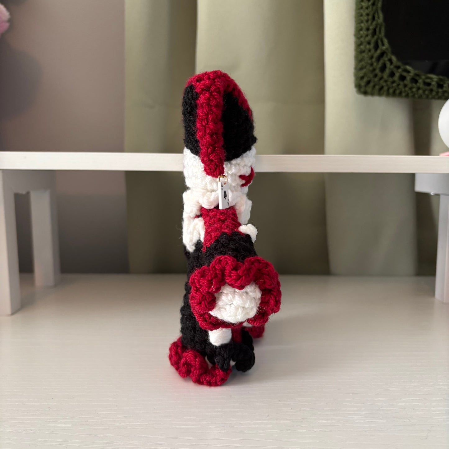 Handmade Crochet Jester Plushie – Whimsical Amigurumi Jules the Jester in Black and Red