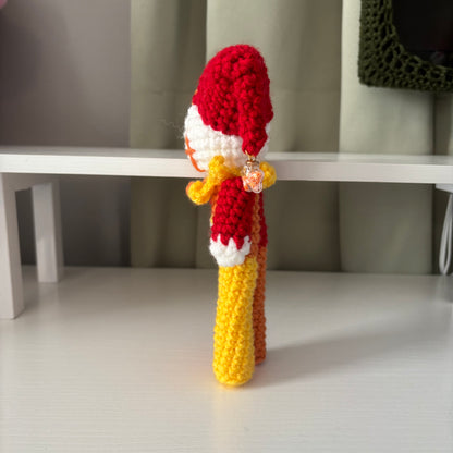 Handmade Crochet Tall Jester Plushie – Amigurumi Clown Doll in White and Red, Orange, and Yellow