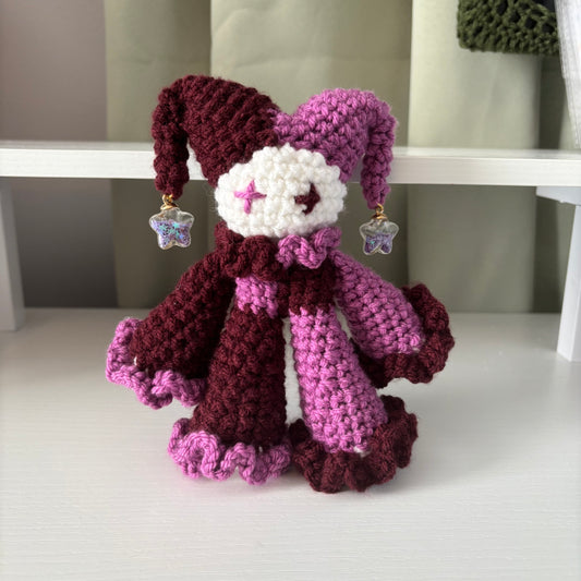 Handmade Crochet Jester Plushie – Whimsical Amigurumi Jules the Jester in Magenta