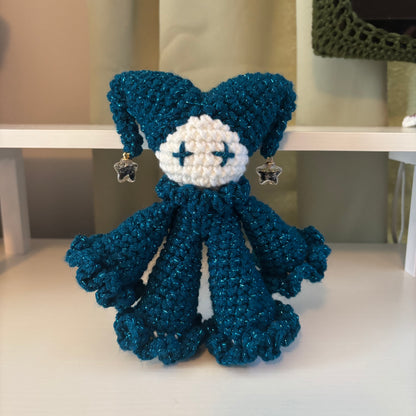 Handmade Crochet Jester Plushie – Whimsical Amigurumi Jules the Jester in Starry Night