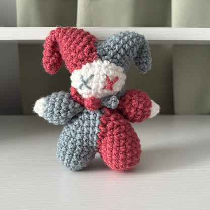 Handmade Crochet Jester Plushie – Whimsical Amigurumi Clown Doll in Blue and Red