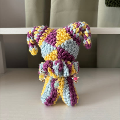 Handmade Crochet Jester Plushie – Whimsical Amigurumi Clown Doll in Yellow, Magenta, and Blue
