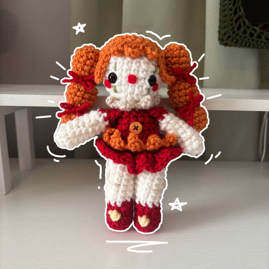 Handmade Crochet Clown Girl Plushie – Whimsical Amigurumi Clown Doll inspired by Circus Baby