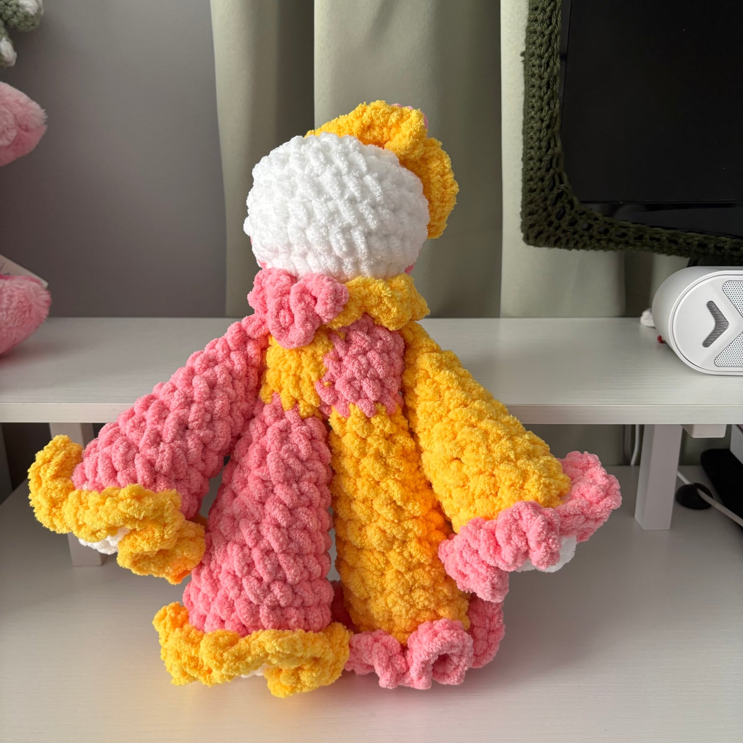 Handmade Crochet Jumbo Clown Plushie – Whimsical Amigurumi Clover the Clown in Pink and Yellow