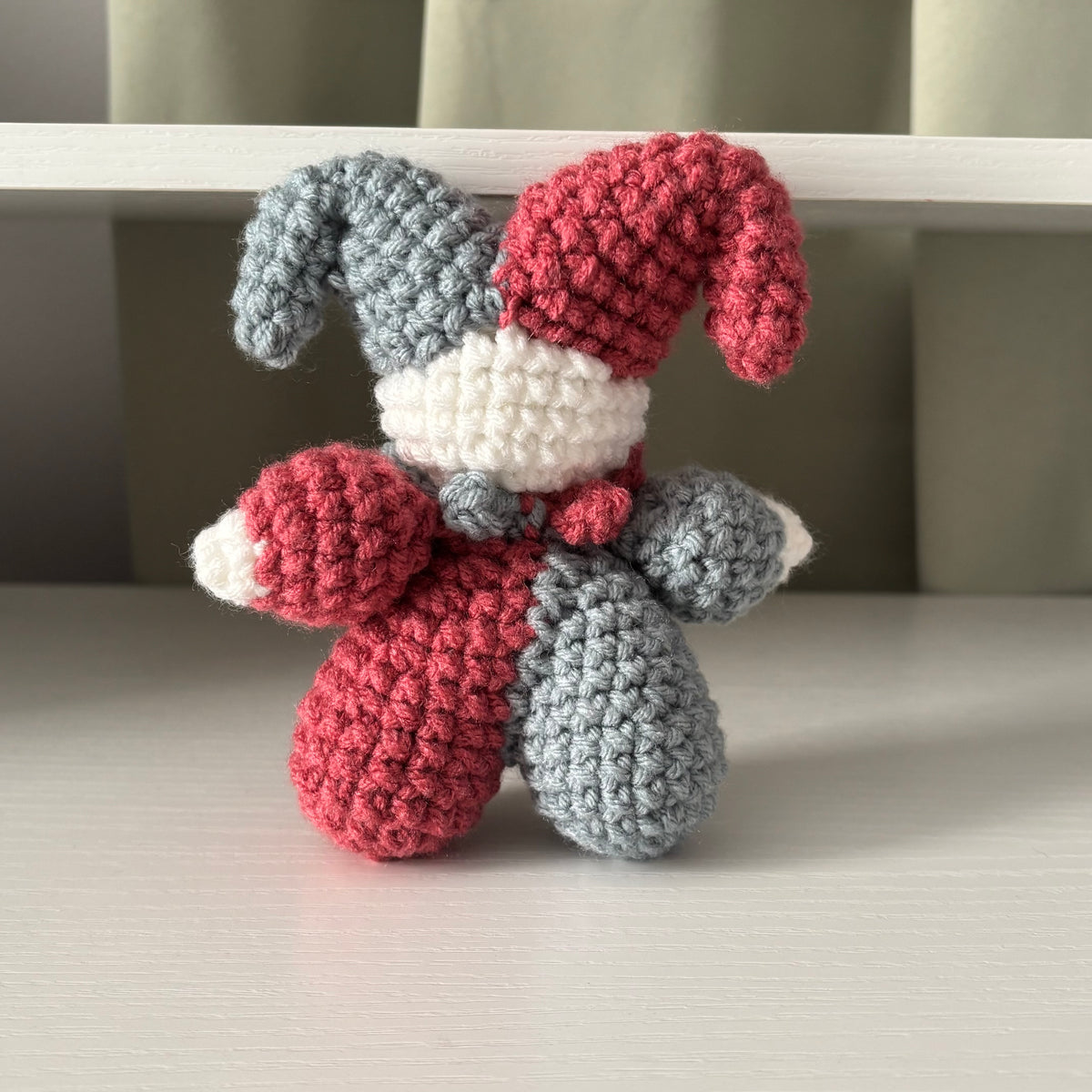 Handmade Crochet Jester Plushie – Whimsical Amigurumi Clown Doll in Blue and Red