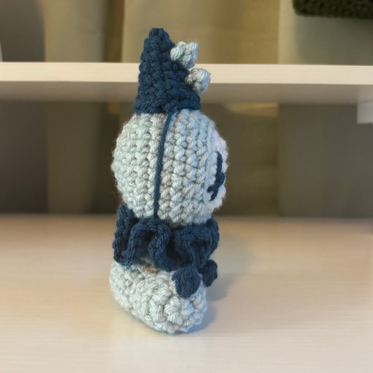 Handmade Crochet Sitting Pierrot Plushie – Whimsical Amigurumi in Blues