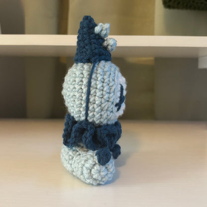 Handmade Crochet Sitting Pierrot Plushie – Whimsical Amigurumi in Blues
