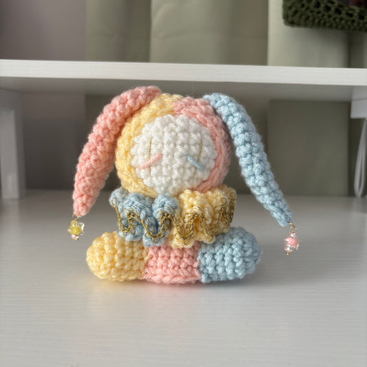 Handmade Crochet Jester Bunny Plushie – Amigurumi Clown Doll in Pastel