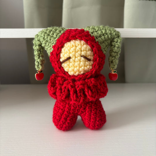 Handmade Crochet Jester Plushie – Whimsical Amigurumi Clown Doll in Apple