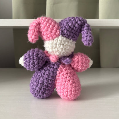 Handmade Crochet Jester Plushie – Whimsical Amigurumi Clown Doll in Purple and Pink