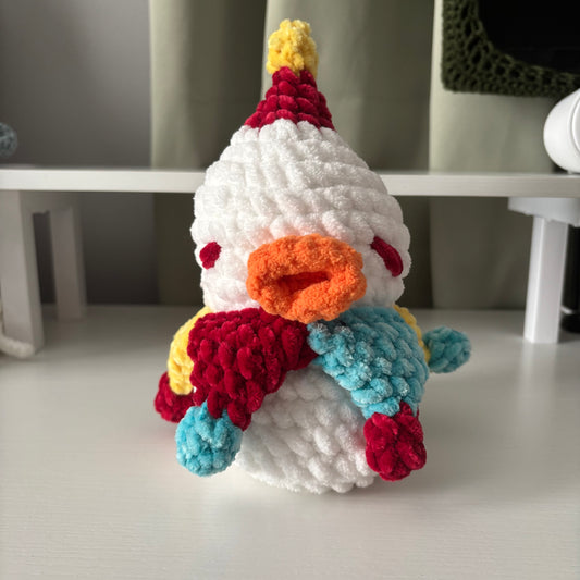 Handmade Crochet Duck Jester Plushie – Whimsical Amigurumi in Primary Colors
