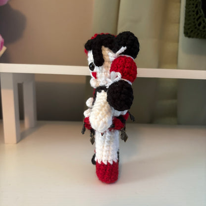 Handmade Crochet Clown Girl Plushie – Whimsical Amigurumi Clown Doll in Black and Red