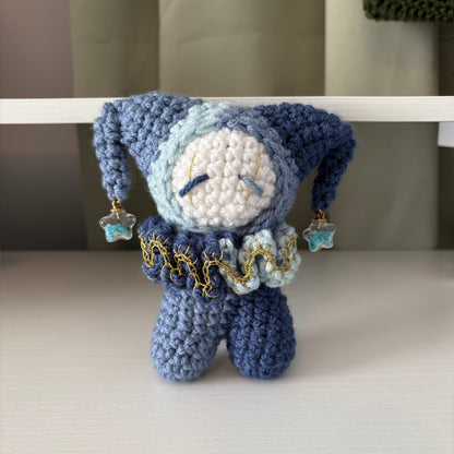 Handmade Crochet Jester Plushie – Whimsical Amigurumi Clown Doll in Blues with Star Charms