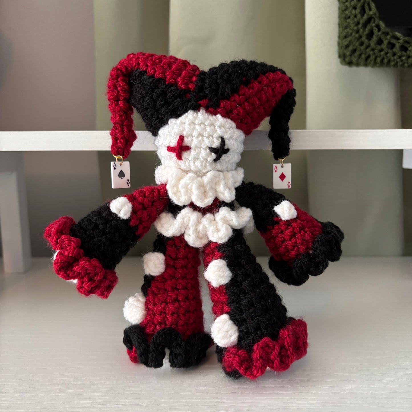 Handmade Crochet Jester Plushie – Whimsical Amigurumi Jules the Jester in Black and Red