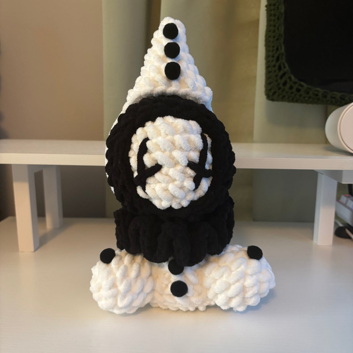 Handmade Crochet Sitting Pierrot Plushie – Whimsical Amigurumi in Black and White