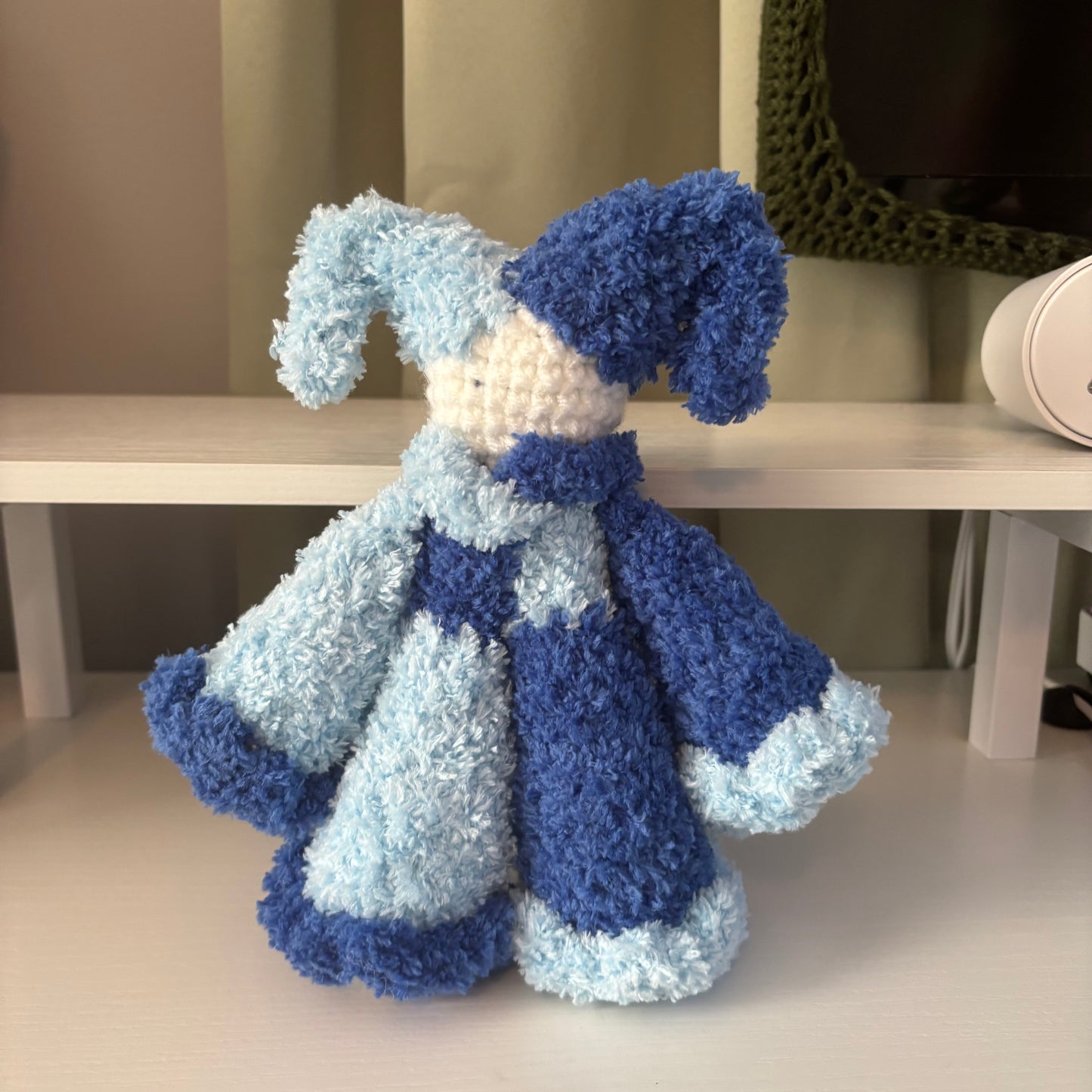 Handmade Crochet Fluffy Jester Plushie – Whimsical Amigurumi Jules the Jester in Blue