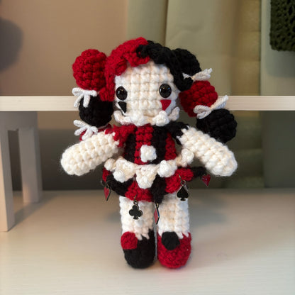 Handmade Crochet Clown Girl Plushie – Whimsical Amigurumi Clown Doll in Black and Red