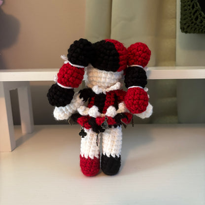 Handmade Crochet Clown Girl Plushie – Whimsical Amigurumi Clown Doll in Black and Red