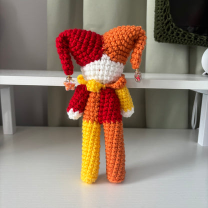Handmade Crochet Tall Jester Plushie – Amigurumi Clown Doll in White and Red, Orange, and Yellow