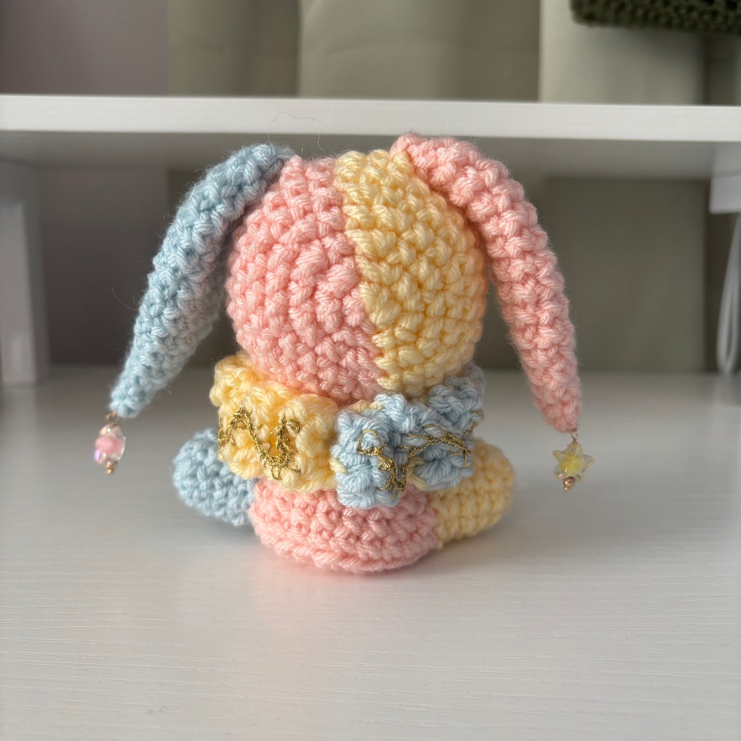 Handmade Crochet Jester Bunny Plushie – Amigurumi Clown Doll in Pastel