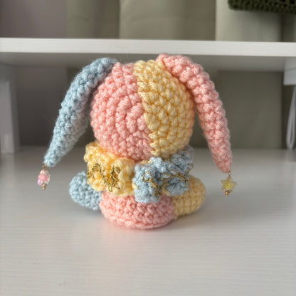 Handmade Crochet Jester Bunny Plushie – Amigurumi Clown Doll in Pastel