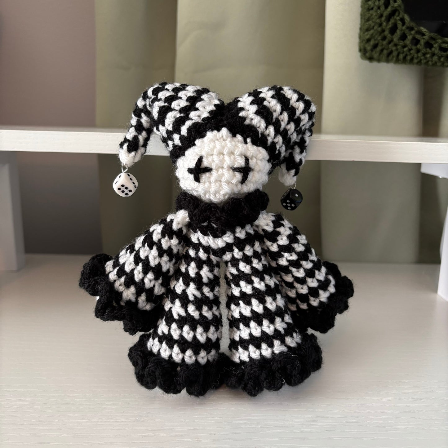 Handmade Crochet Jester Plushie – Whimsical Amigurumi Jules the Jester in Black and White