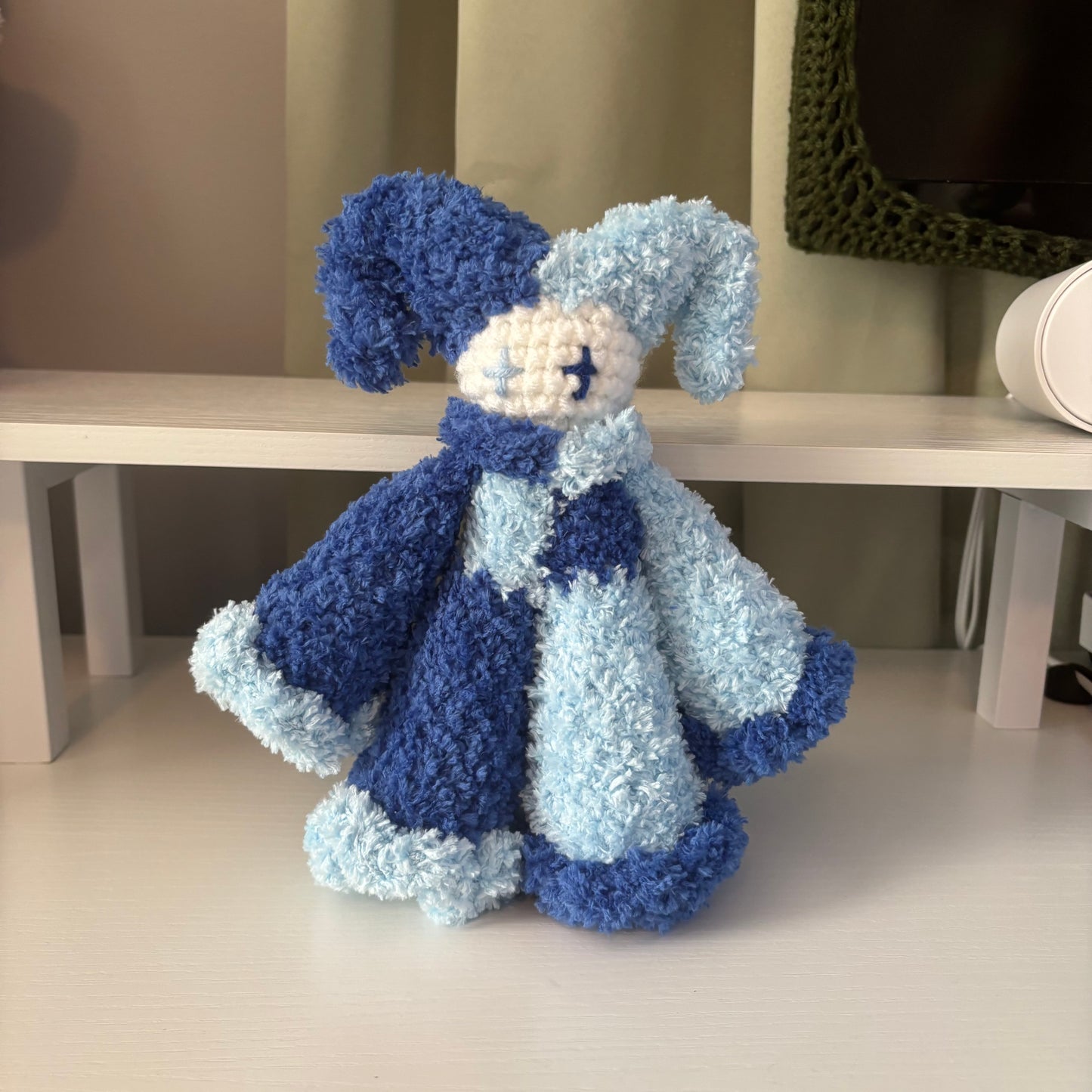 Handmade Crochet Fluffy Jester Plushie – Whimsical Amigurumi Jules the Jester in Blue