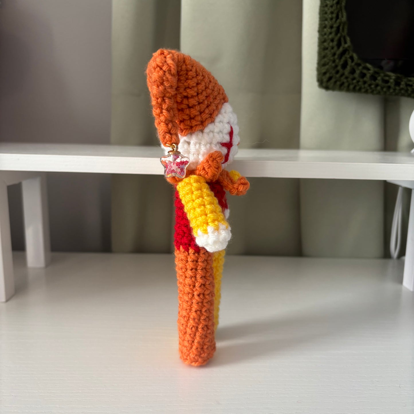 Handmade Crochet Tall Jester Plushie – Amigurumi Clown Doll in White and Red, Orange, and Yellow