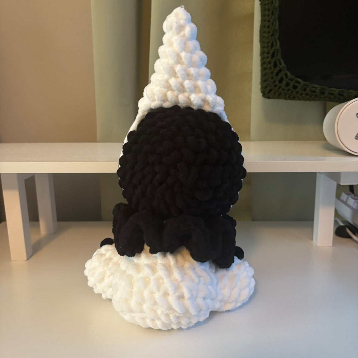 Handmade Crochet Sitting Pierrot Plushie – Whimsical Amigurumi in Black and White