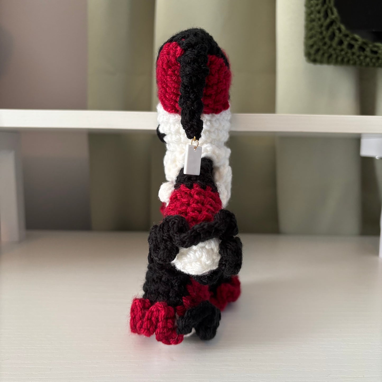 Handmade Crochet Jester Plushie – Whimsical Amigurumi Jules the Jester in Black and Red